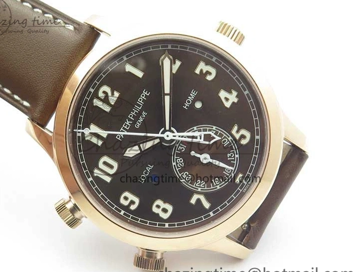 MIROTIME 0406 Calatrava 5524R Pilot Travel Time RG GRF Brown Dial on Brown Leather Strap MIYOTA TopPick 7155